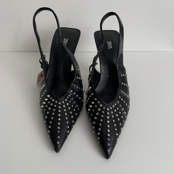 Zara Sexy Edgy Studded Sling Back Heels Black Size 36 - Picture 7 of 11